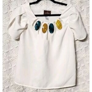 Prairie Womens Keyhole Top Size S Blue Yellow Shell Accent Scallop Sleeve Dressy